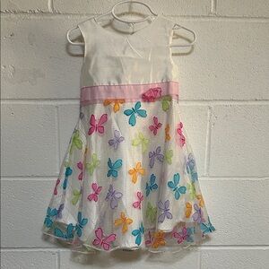 White Butterfly Mesh Dress with Pink Waistband 3T